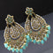 Fashion dangler teal blue earring with kundan stones and beads hangings - {{ collection.title }} by Prashanti Sarees
