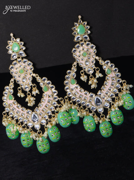 Fashion dangler teal green & baby pink earrings minakari work with kundan stone and beads hangings - {{ collection.title }} by Prashanti Sarees