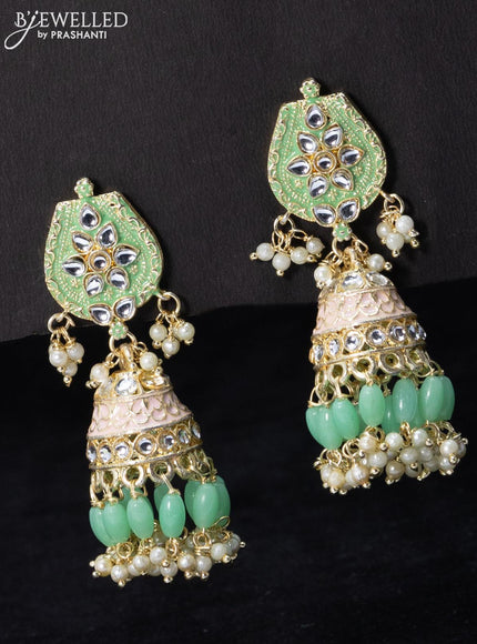 Fashion dangler teal green jhumka minakari work with beads and pearl hangings - {{ collection.title }} by Prashanti Sarees