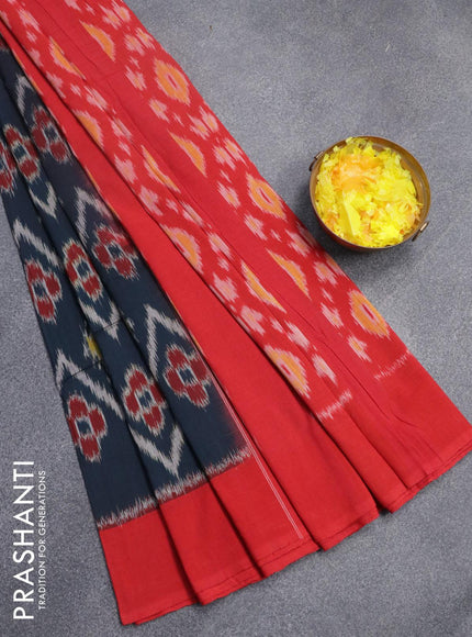 Ikat cotton saree dark peacock blue and red with allover ikat weaves and simple border - {{ collection.title }} by Prashanti Sarees