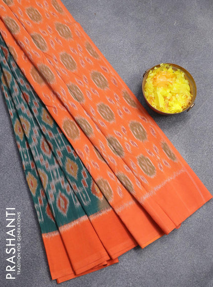 Ikat cotton saree peacock green and orange with allover ikat weaves and simple border - {{ collection.title }} by Prashanti Sarees