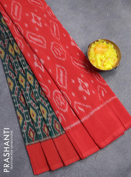 Ikat cotton saree peacock green and red with allover ikat weaves and simple border - {{ collection.title }} by Prashanti Sarees