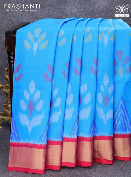 Ikat soft silk saree blue and pink with allover ikat butta weaves and zari woven border - {{ collection.title }} by Prashanti Sarees