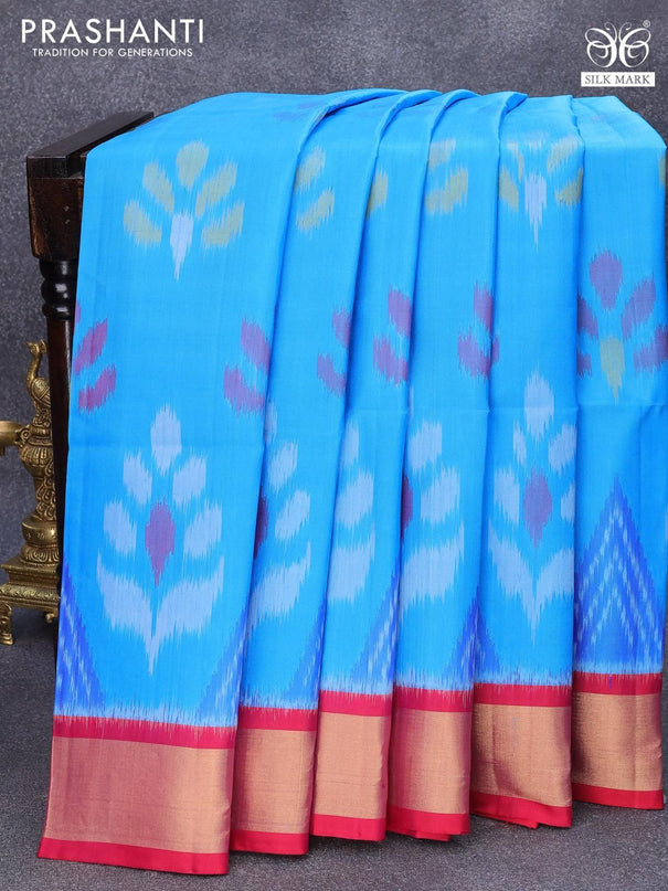 Ikat soft silk saree blue and pink with allover ikat butta weaves and zari woven border - {{ collection.title }} by Prashanti Sarees