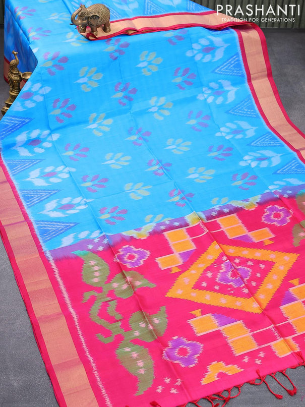 Ikat soft silk saree blue and pink with allover ikat butta weaves and zari woven border - {{ collection.title }} by Prashanti Sarees