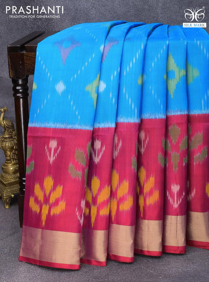 Ikat soft silk saree cs blue and pink with allover ikat weaves and zari woven border - {{ collection.title }} by Prashanti Sarees