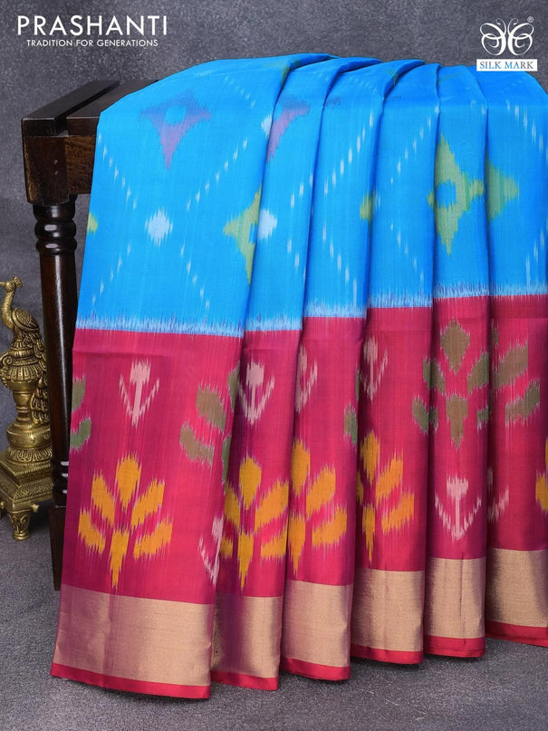 Ikat soft silk saree cs blue and pink with allover ikat weaves and zari woven border - {{ collection.title }} by Prashanti Sarees