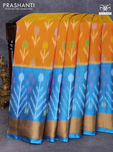 Ikat soft silk saree dual shade of mustard yellow and peacock blue with allover ikat buttas and zari woven border - {{ collection.title }} by Prashanti Sarees