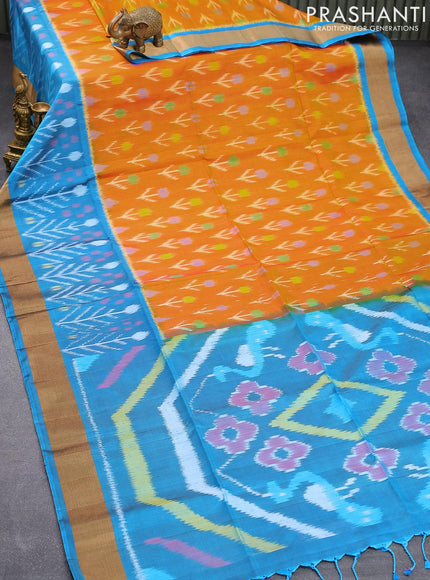 Ikat soft silk saree dual shade of mustard yellow and peacock blue with allover ikat buttas and zari woven border - {{ collection.title }} by Prashanti Sarees