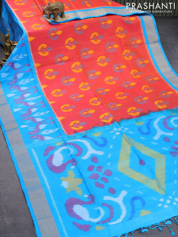 Ikat soft silk saree dual shade of pinkish orange and blue with allover ikat butta weaves and zari woven border - {{ collection.title }} by Prashanti Sarees