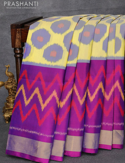 Ikat soft silk saree lime yellow and dual shade of purple with butta prints and zari woven border - {{ collection.title }} by Prashanti Sarees