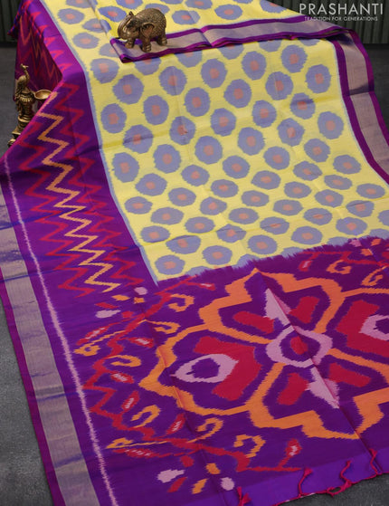 Ikat soft silk saree lime yellow and dual shade of purple with butta prints and zari woven border - {{ collection.title }} by Prashanti Sarees