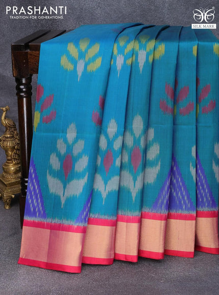 Ikat soft silk saree peacock blue and pink with allover ikat buttas and zari woven border - {{ collection.title }} by Prashanti Sarees