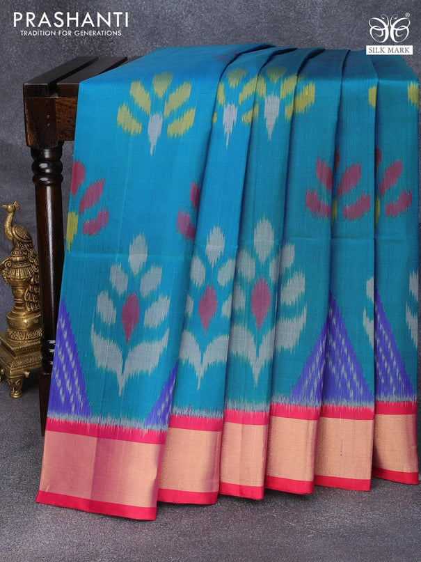 Ikat soft silk saree peacock blue and pink with allover ikat buttas and zari woven border - {{ collection.title }} by Prashanti Sarees