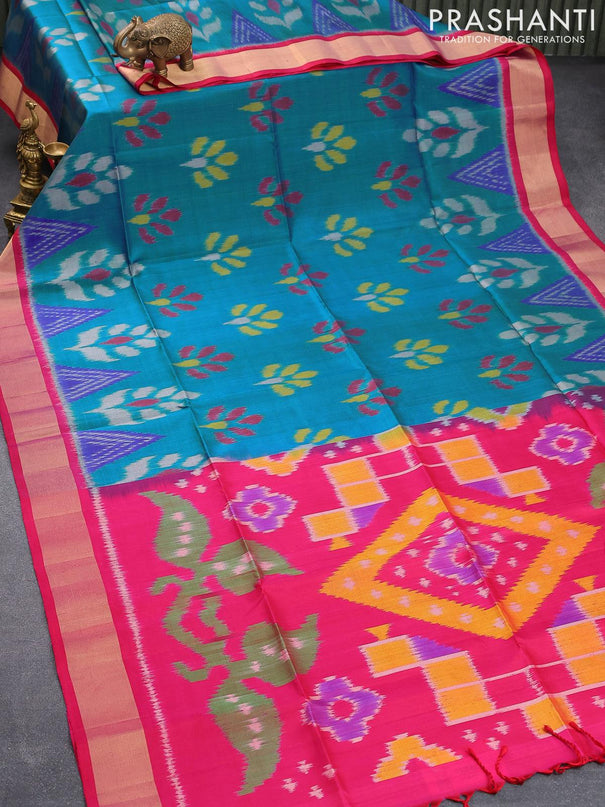 Ikat soft silk saree peacock blue and pink with allover ikat buttas and zari woven border - {{ collection.title }} by Prashanti Sarees