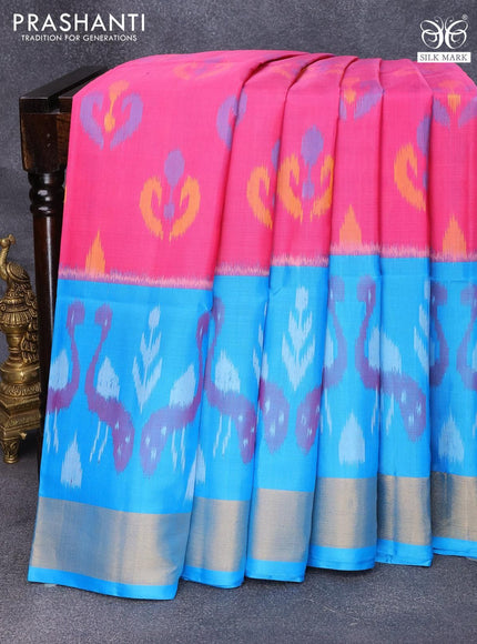 Ikat soft silk saree pink and blue with allover ikat buttas and zari woven border - {{ collection.title }} by Prashanti Sarees