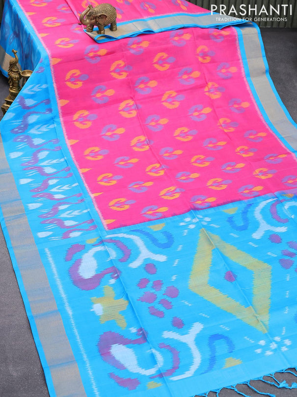 Ikat soft silk saree pink and blue with allover ikat buttas and zari woven border - {{ collection.title }} by Prashanti Sarees