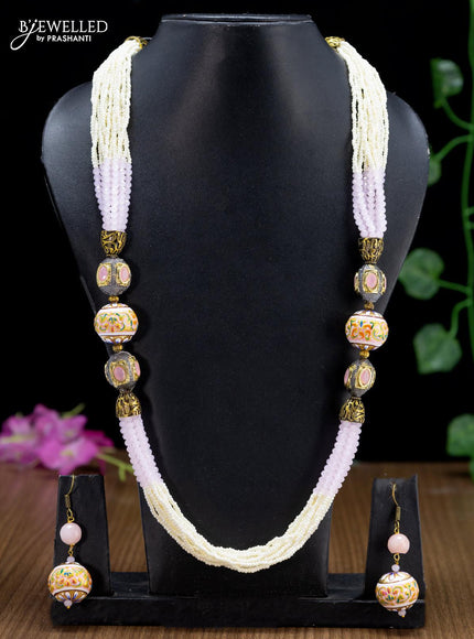 Jaipur baby pink crystal and pearls necklace with minakari balls - {{ collection.title }} by Prashanti Sarees