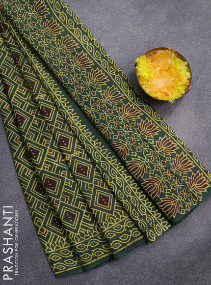 Jaipur cotton saree dark green and yellow with allover geometric prints and printed border - {{ collection.title }} by Prashanti Sarees