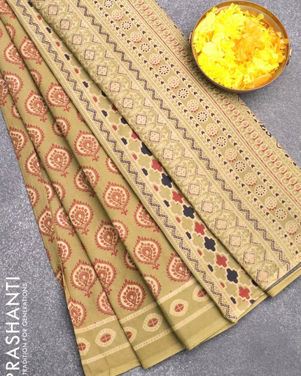 Jaipur cotton saree green shade with allover butta prints and printed border - {{ collection.title }} by Prashanti Sarees