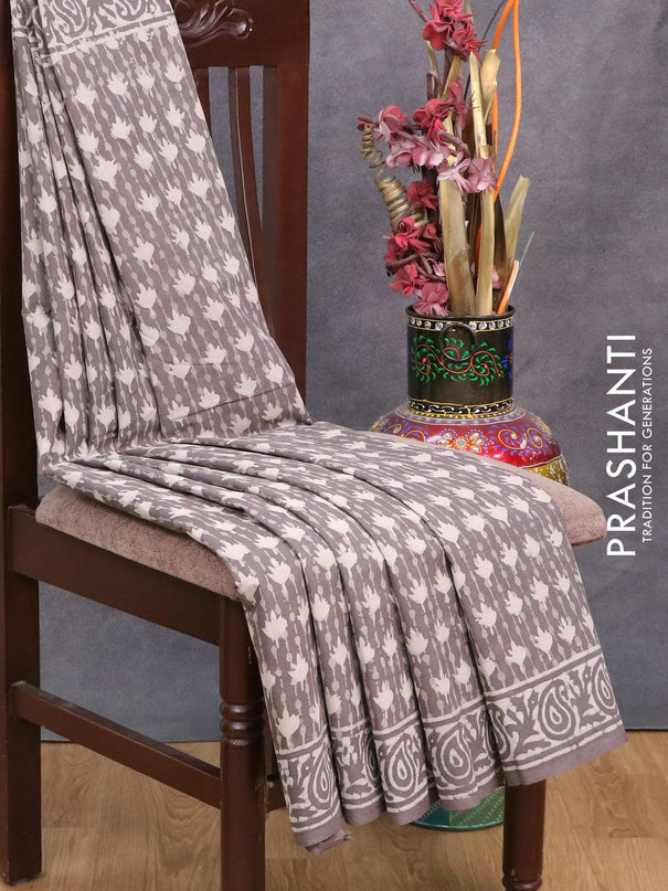 Jaipur cotton saree grey shade with allover dabu prints and printed border - {{ collection.title }} by Prashanti Sarees