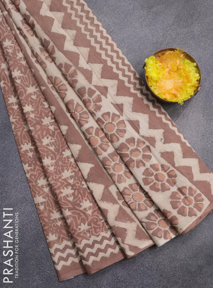 Jaipur cotton saree pastel brown with allover dabu prints and printed border - {{ collection.title }} by Prashanti Sarees