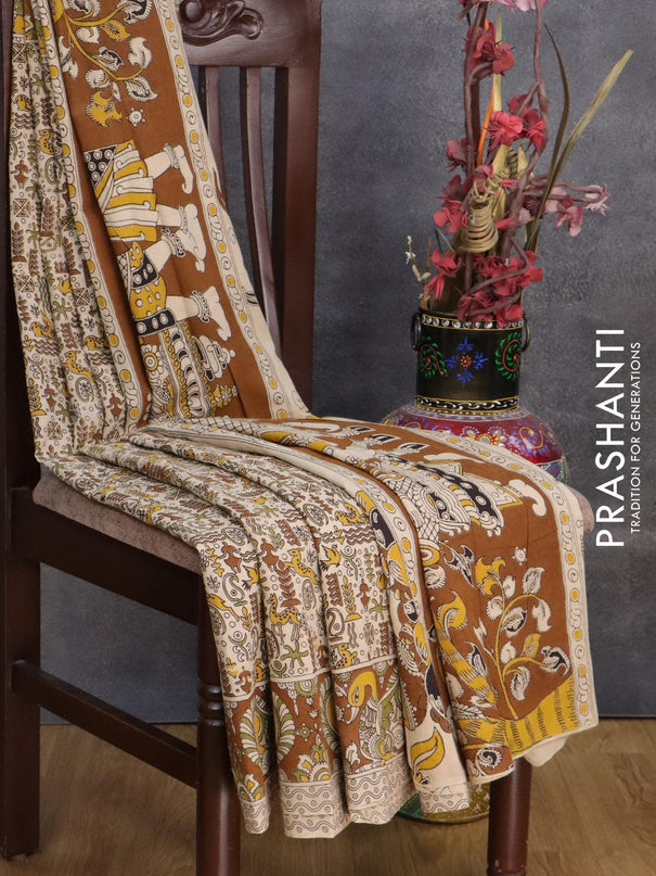 Kalamkari cotton saree cream and rust shade with allover prints and printed border - {{ collection.title }} by Prashanti Sarees