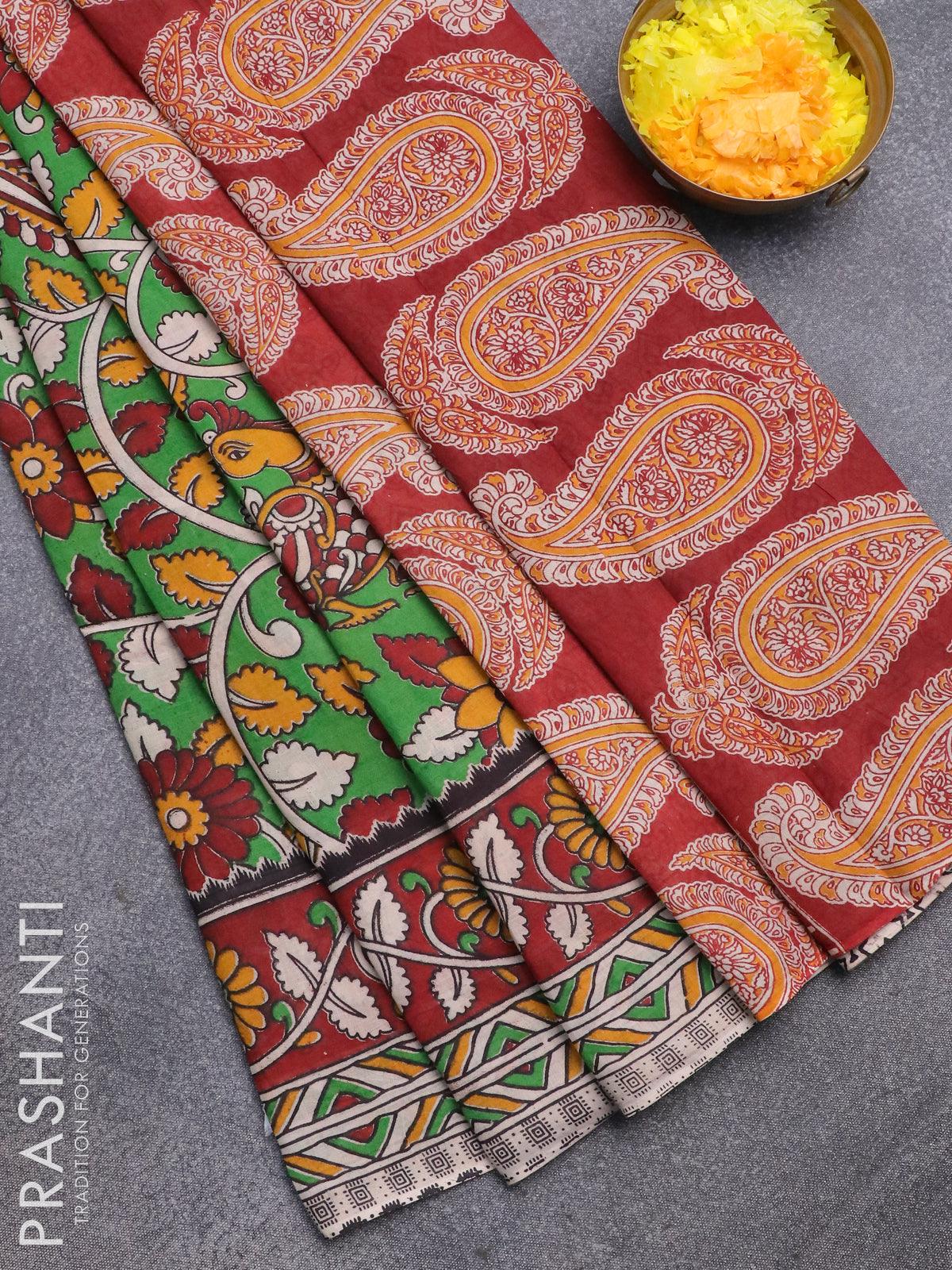 Handcrafted Kalamkari Raw Silk Saree With Floral Motifs, Zari Border &  Geecha Pallu | Kalamkari saree, Raw silk saree, Saree