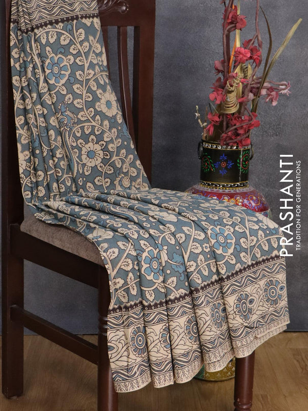 Kalamkari cotton saree grey and beige with allover prints and printed border - {{ collection.title }} by Prashanti Sarees