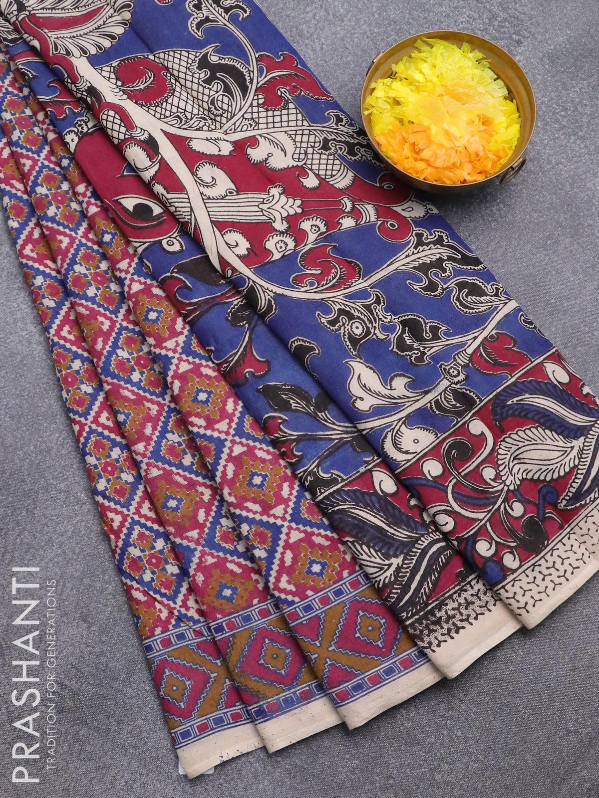 Kalamkari cotton saree green and blue with allover prints and printed –  Cherrypick