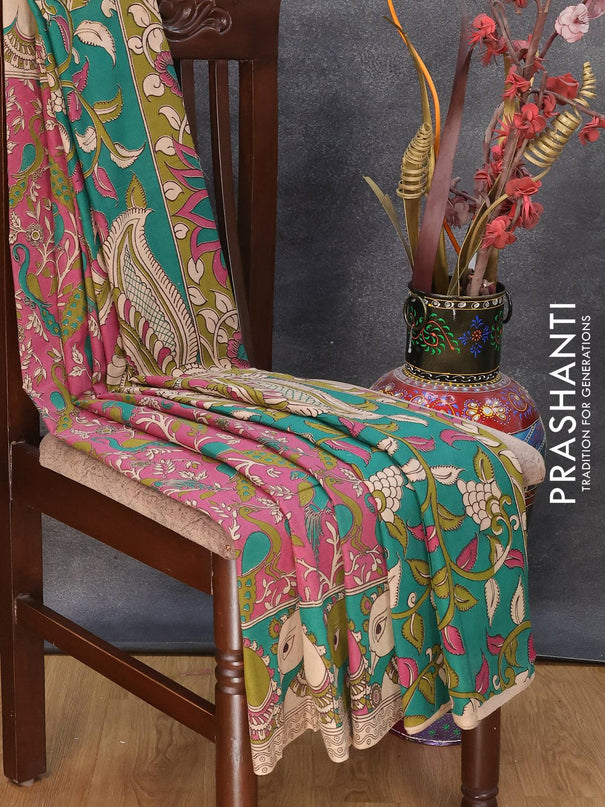 Kalamkari cotton saree magenta pink and green with allover prints and printed border - {{ collection.title }} by Prashanti Sarees