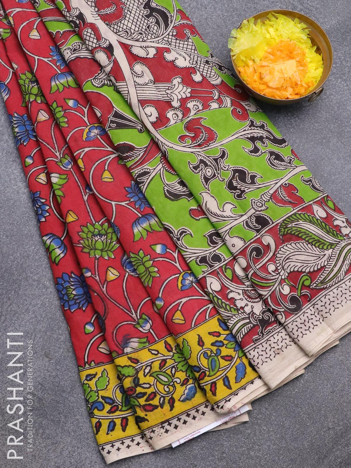 PANTH SHOP Pratibha Soft Banarasi Silk Kalamkari Block Print Designe Party  Wear Saree