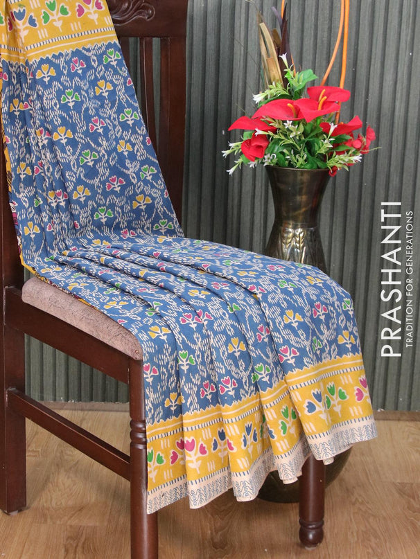 Kalamkari cotton saree peacock blue and yellow with allover prints and printed border - {{ collection.title }} by Prashanti Sarees