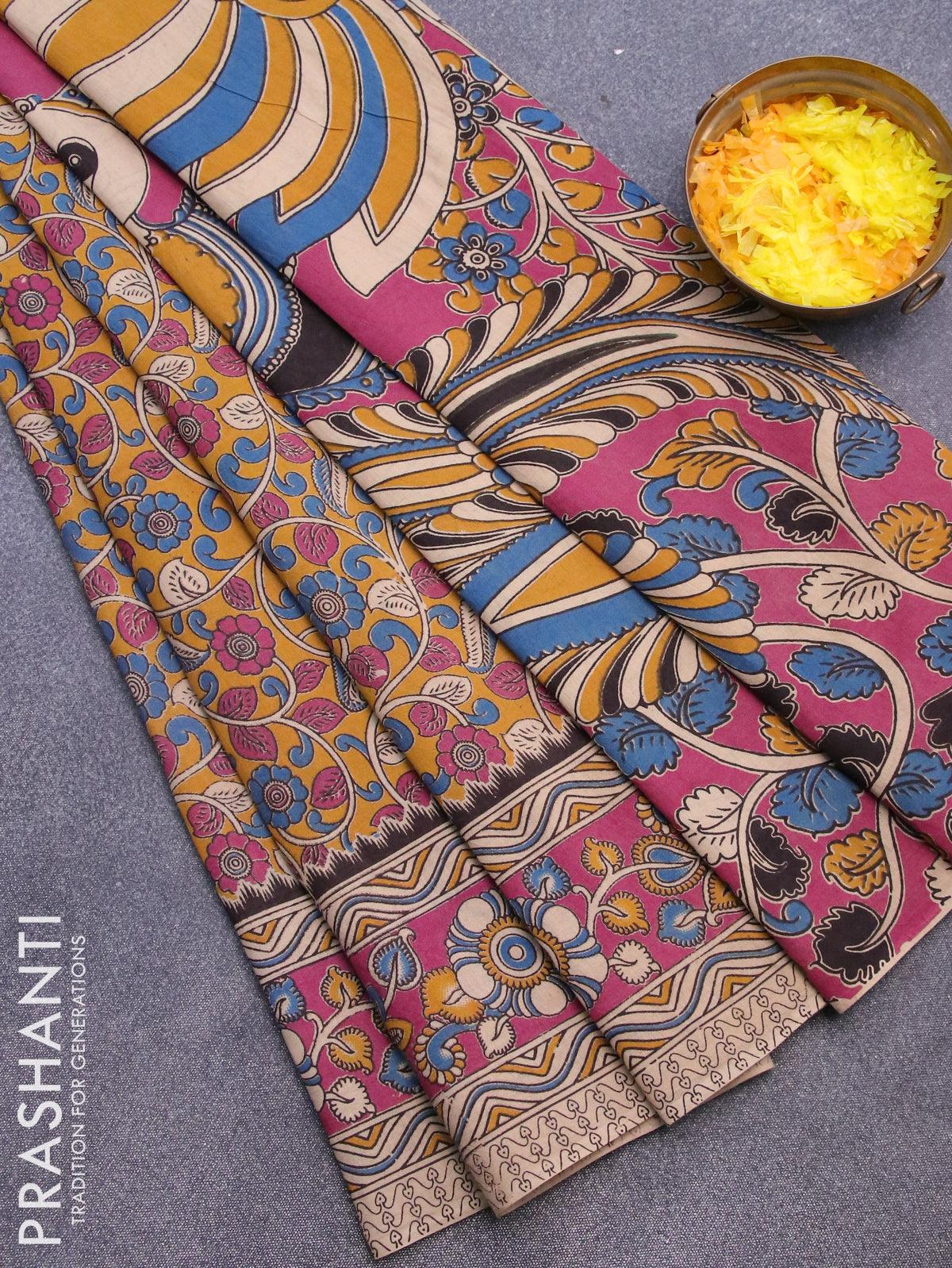 Semi matka saree blue and red with allover kalamkari prints and zari woven  border at 119000 by Prashanti – Prashanti Sarees