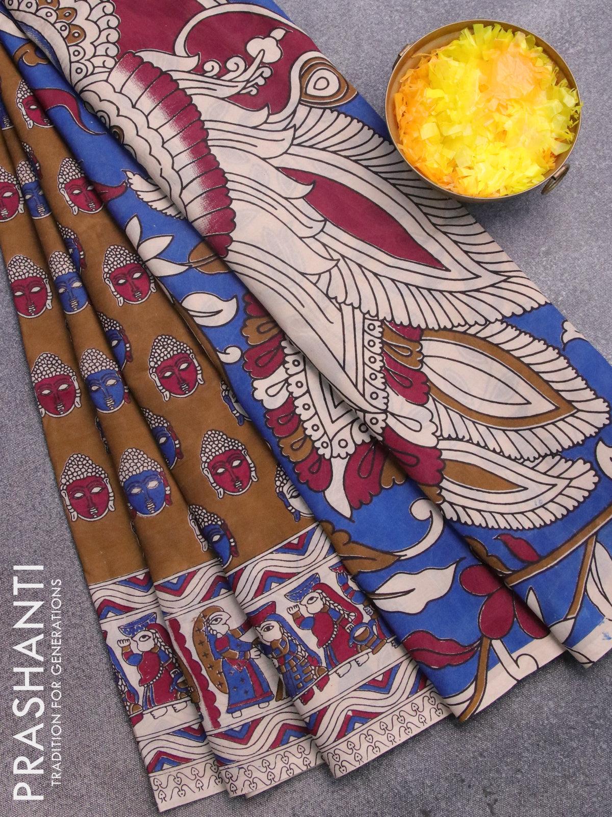 Buy Ethnic Junction Graphic Print Kalamkari Cotton Blend Black Sarees Online  @ Best Price In India | Flipkart.com