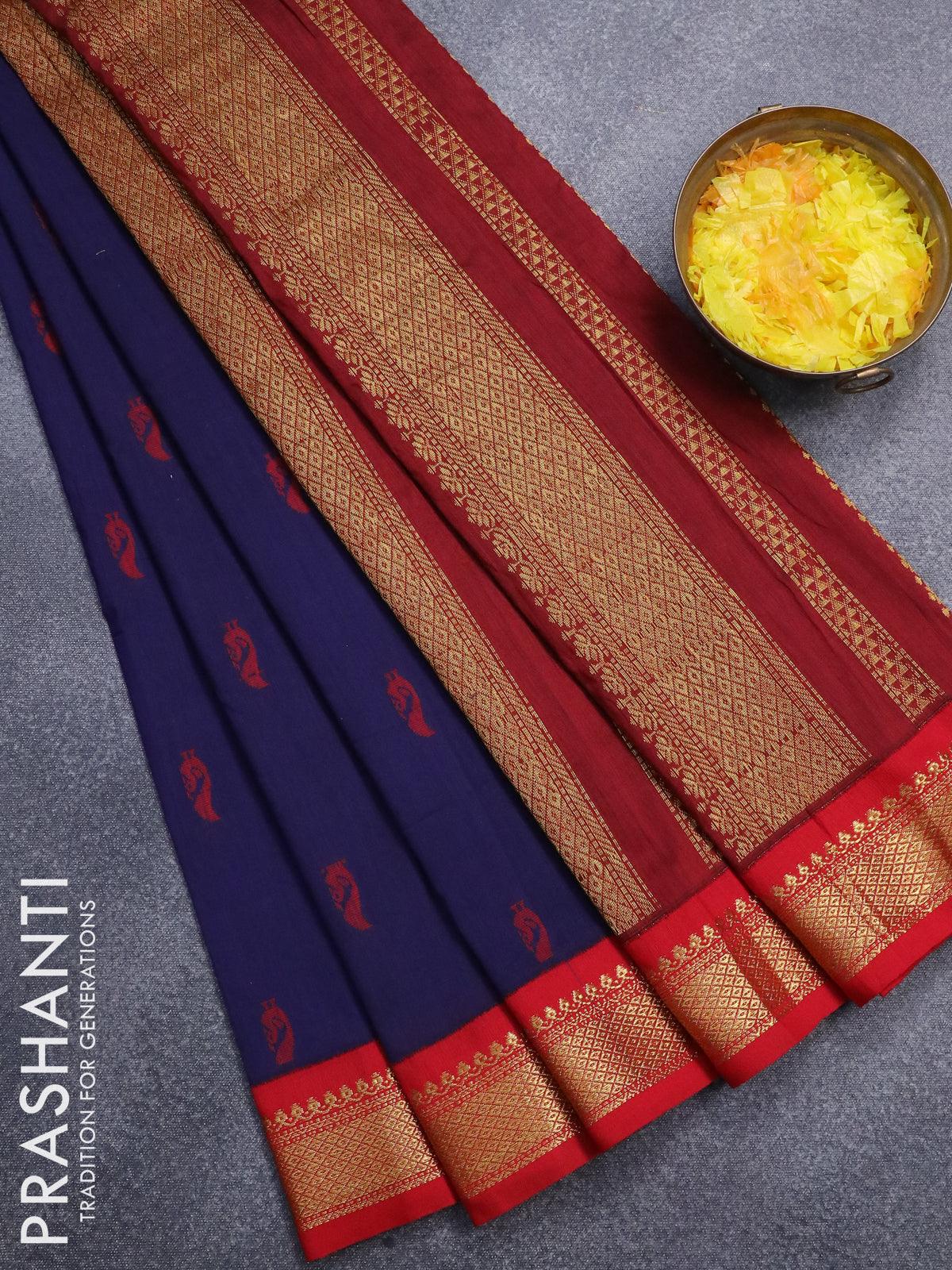 Kalyani cotton saree blue and red with thread woven buttas and