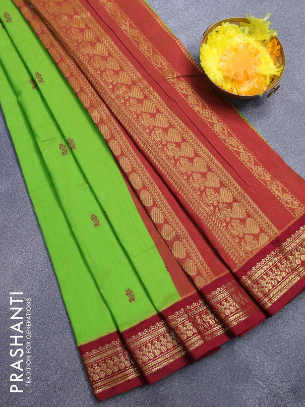Kalyani cotton saree light green and maroon with thread woven buttas and zari woven border - {{ collection.title }} by Prashanti Sarees