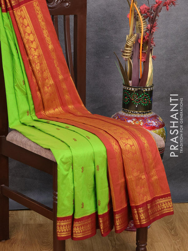 Kalyani cotton saree light green and maroon with thread woven buttas and zari woven border - {{ collection.title }} by Prashanti Sarees