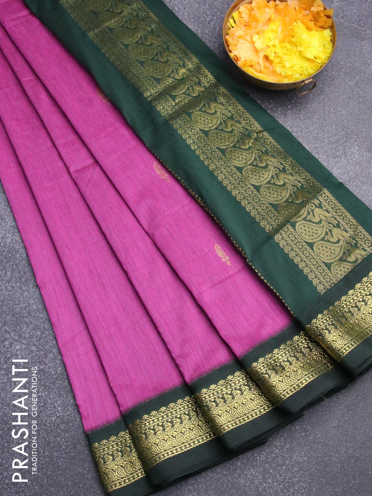 Kalyani cotton saree magenta pink and dark green with zari woven