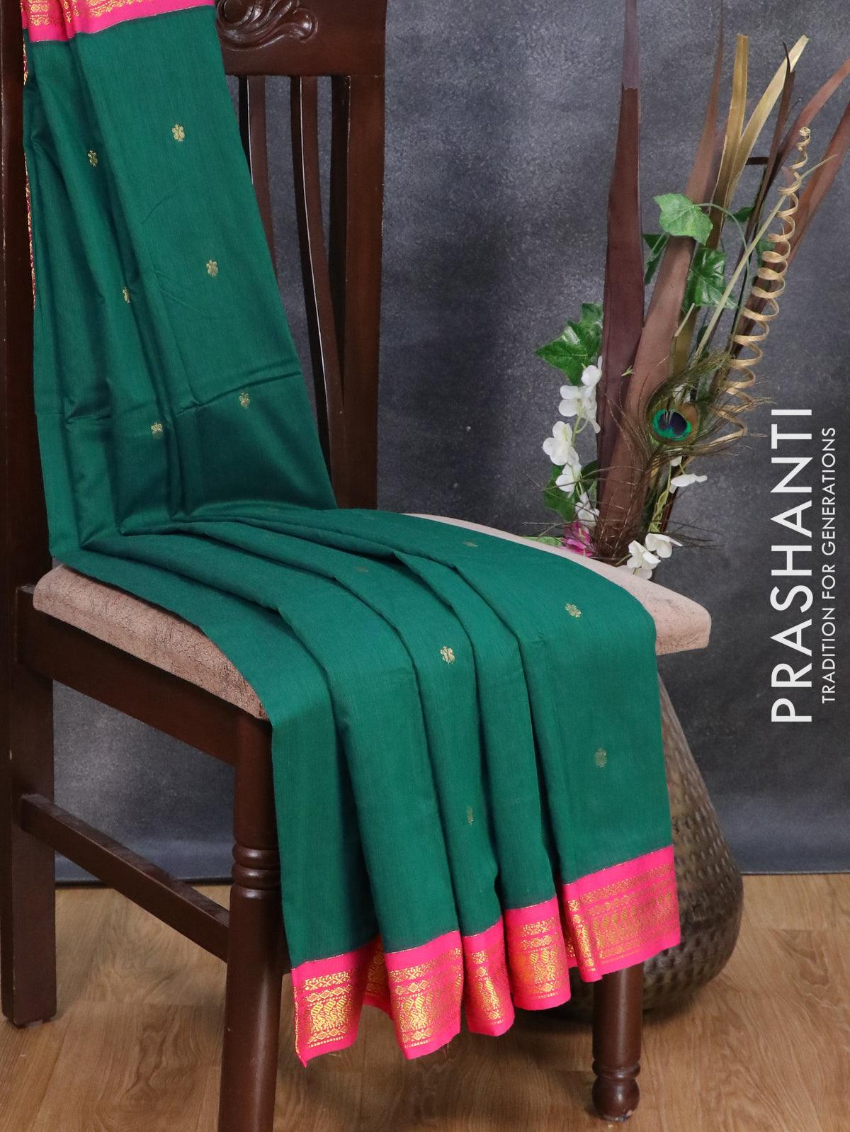 Kalyani cotton saree peacock green and pink with zari woven buttas and –  Prashanti Sarees