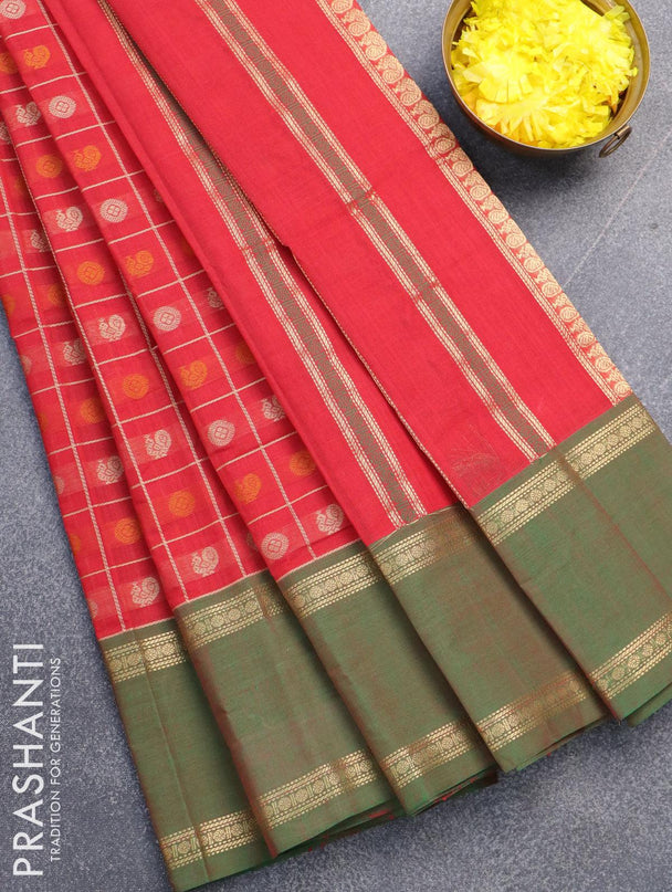 Kanchi cotton saree red and green with allover thread checks & buttas and ganga jamuna border - {{ collection.title }} by Prashanti Sarees