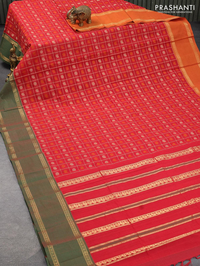 Kanchi cotton saree red and green with allover thread checks & buttas and ganga jamuna border - {{ collection.title }} by Prashanti Sarees