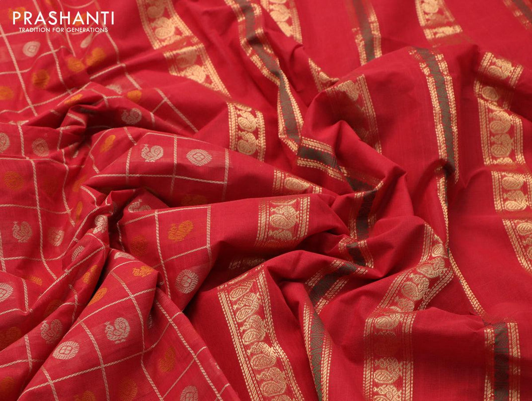 Kanchi cotton saree red and green with allover thread checks & buttas and ganga jamuna border - {{ collection.title }} by Prashanti Sarees