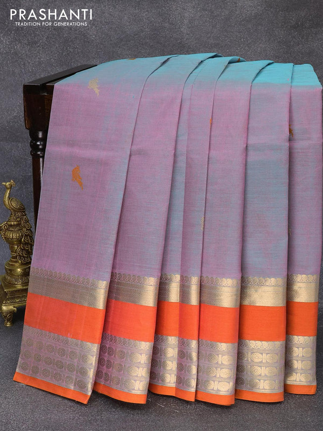 Kanjivaram silk cotton saree dual shade of bluish pink and mustard yelloww with thread & zari woven parrot buttas and rettapet zari woven border - {{ collection.title }} by Prashanti Sarees