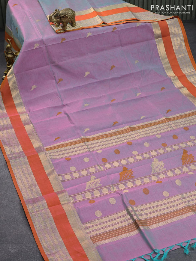 Kanjivaram silk cotton saree dual shade of bluish pink and mustard yelloww with thread & zari woven parrot buttas and rettapet zari woven border - {{ collection.title }} by Prashanti Sarees