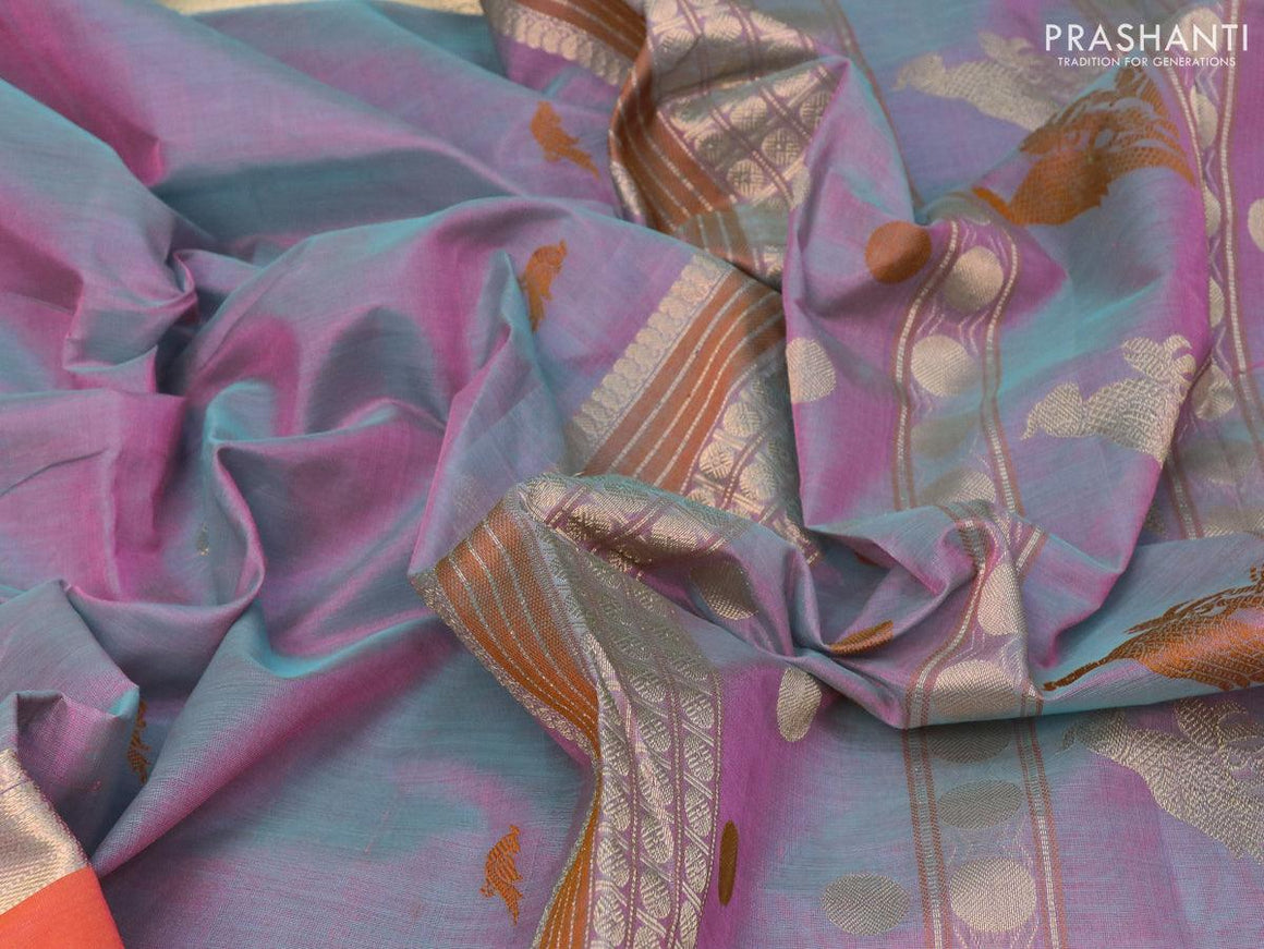 Kanjivaram silk cotton saree dual shade of bluish pink and mustard yelloww with thread & zari woven parrot buttas and rettapet zari woven border - {{ collection.title }} by Prashanti Sarees