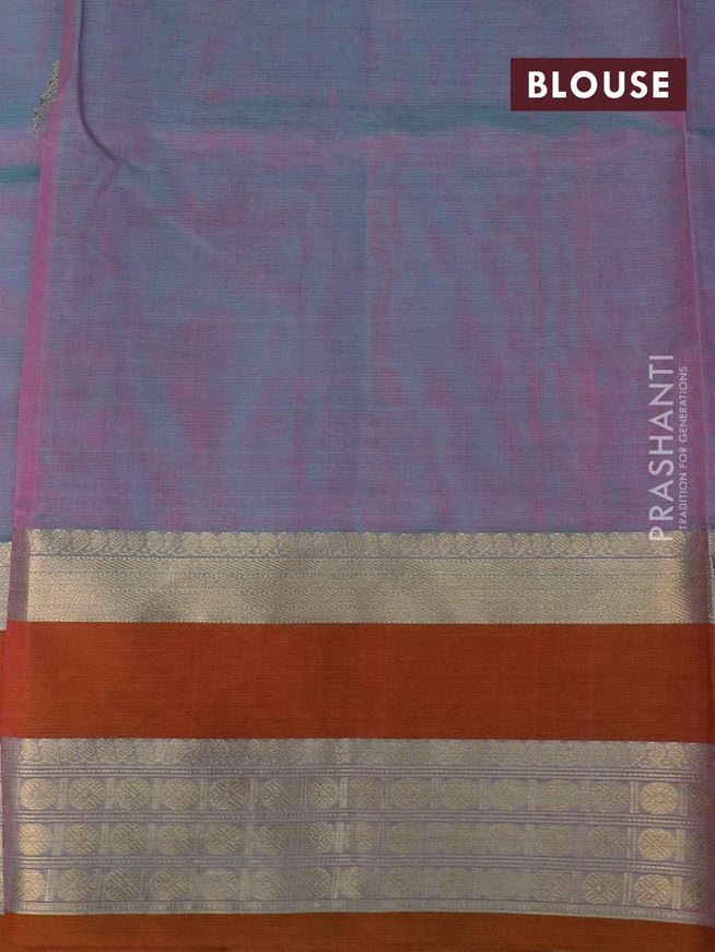 Kanjivaram silk cotton saree dual shade of bluish pink and mustard yelloww with thread & zari woven parrot buttas and rettapet zari woven border - {{ collection.title }} by Prashanti Sarees