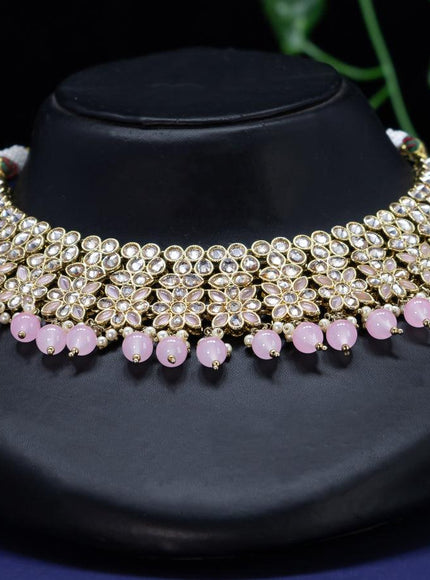 Kundan necklace with baby pink beads hangings and maang tikka - {{ collection.title }} by Prashanti Sarees