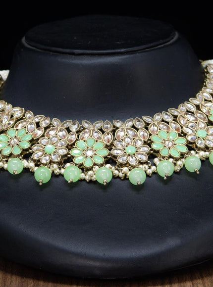 Kundan necklace with mint green beads and maang tikka - {{ collection.title }} by Prashanti Sarees