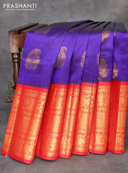 Kuppadam silk cotton saree blue and red with zari woven buttas and long zari woven annam border - {{ collection.title }} by Prashanti Sarees